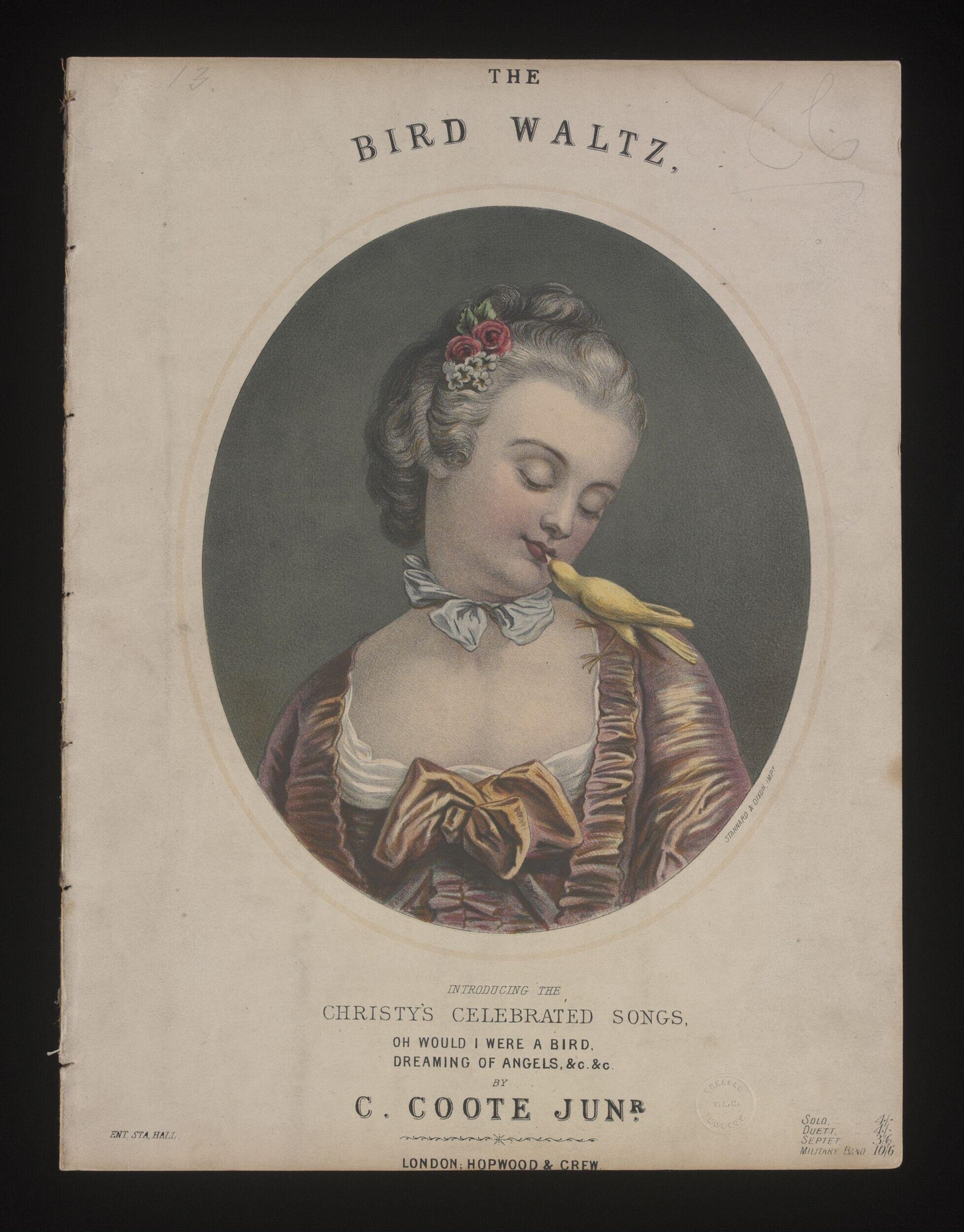 Hand-colored engraving: young woman in rococo dress with flowers in her hair, holding a yellow bird near her mouth.