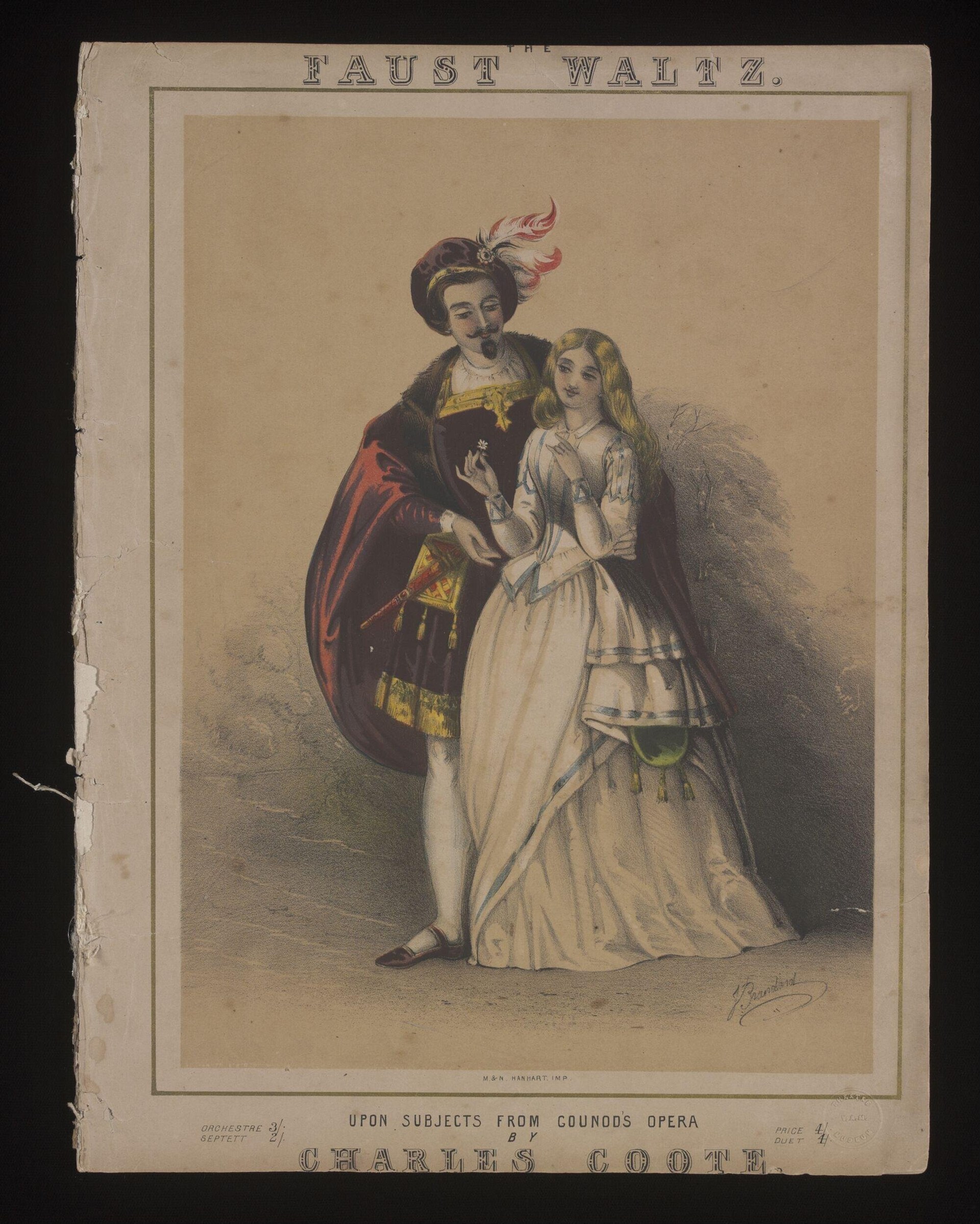 A man in a dark coat with a red cape and feathered hat leans toward a woman in a white gown with blue trim, in a pose of ballroom courtship.