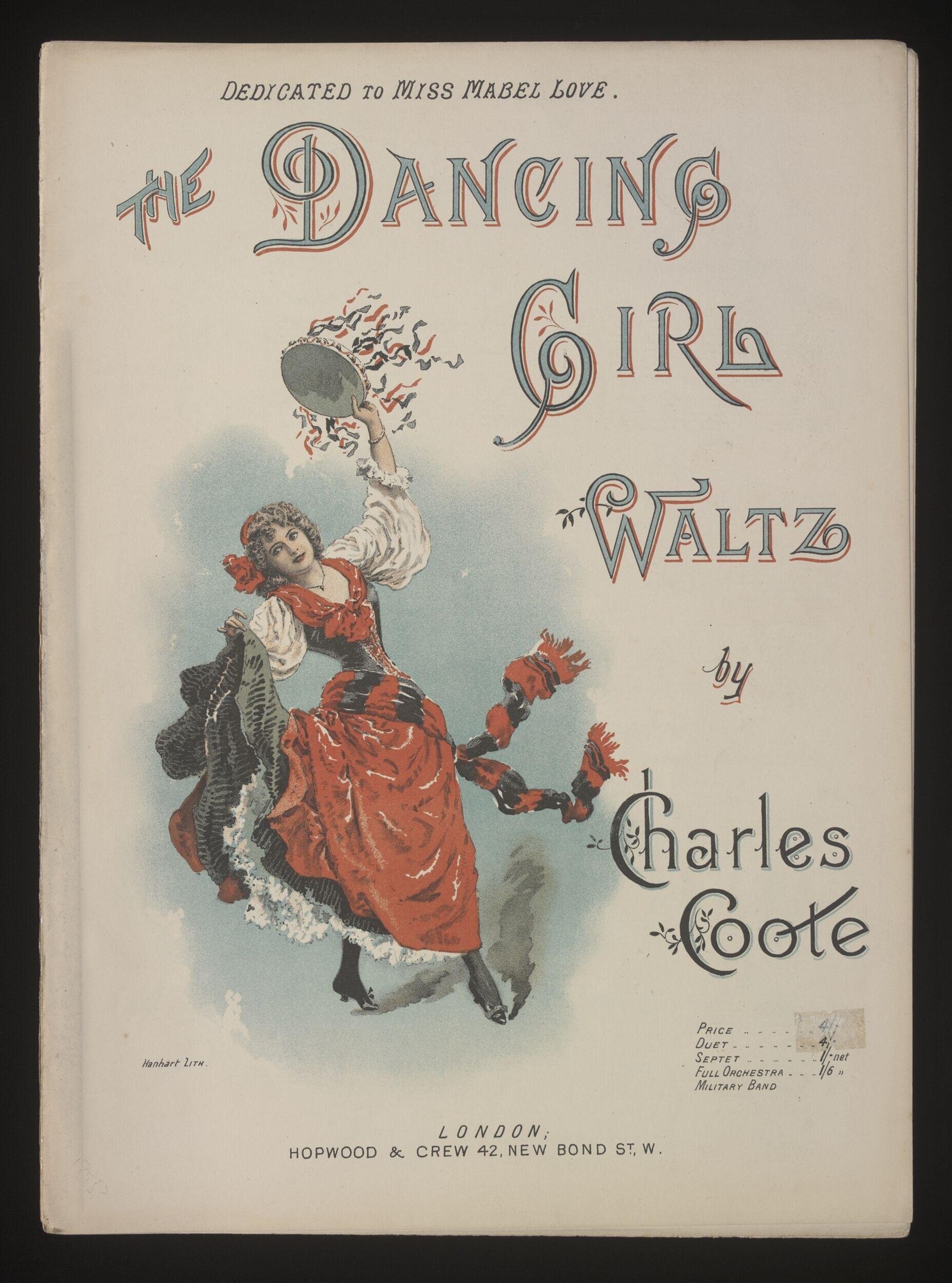 A woman in a crimson 1870s ball gown, caught mid-waltz turn with one arm raised, holding a fan.