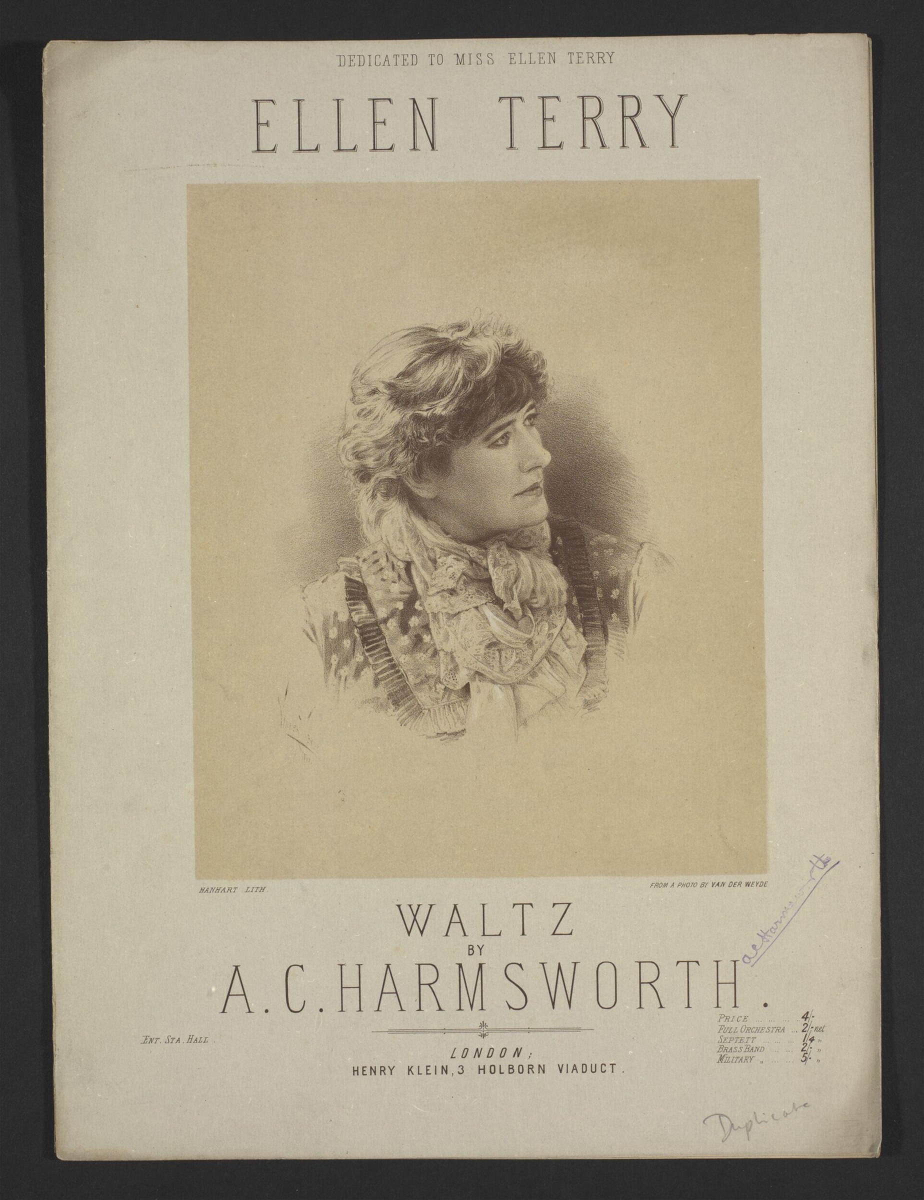 Portrait lithograph of a woman in profile facing left, with elaborate 1890s hair and lace collar, dedicated to Ellen Terry