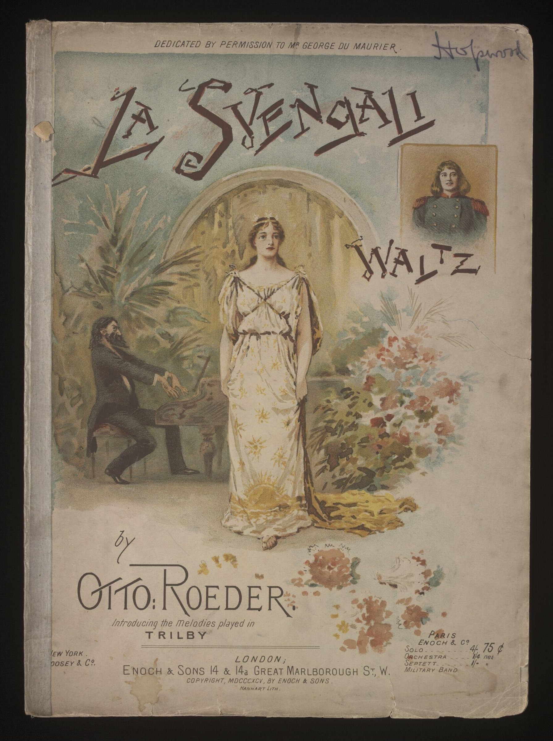 Sheet music cover: woman in pale gown stands passively while dark figure plays piano in shadowed background, potted plants and flowers frame the scene.
