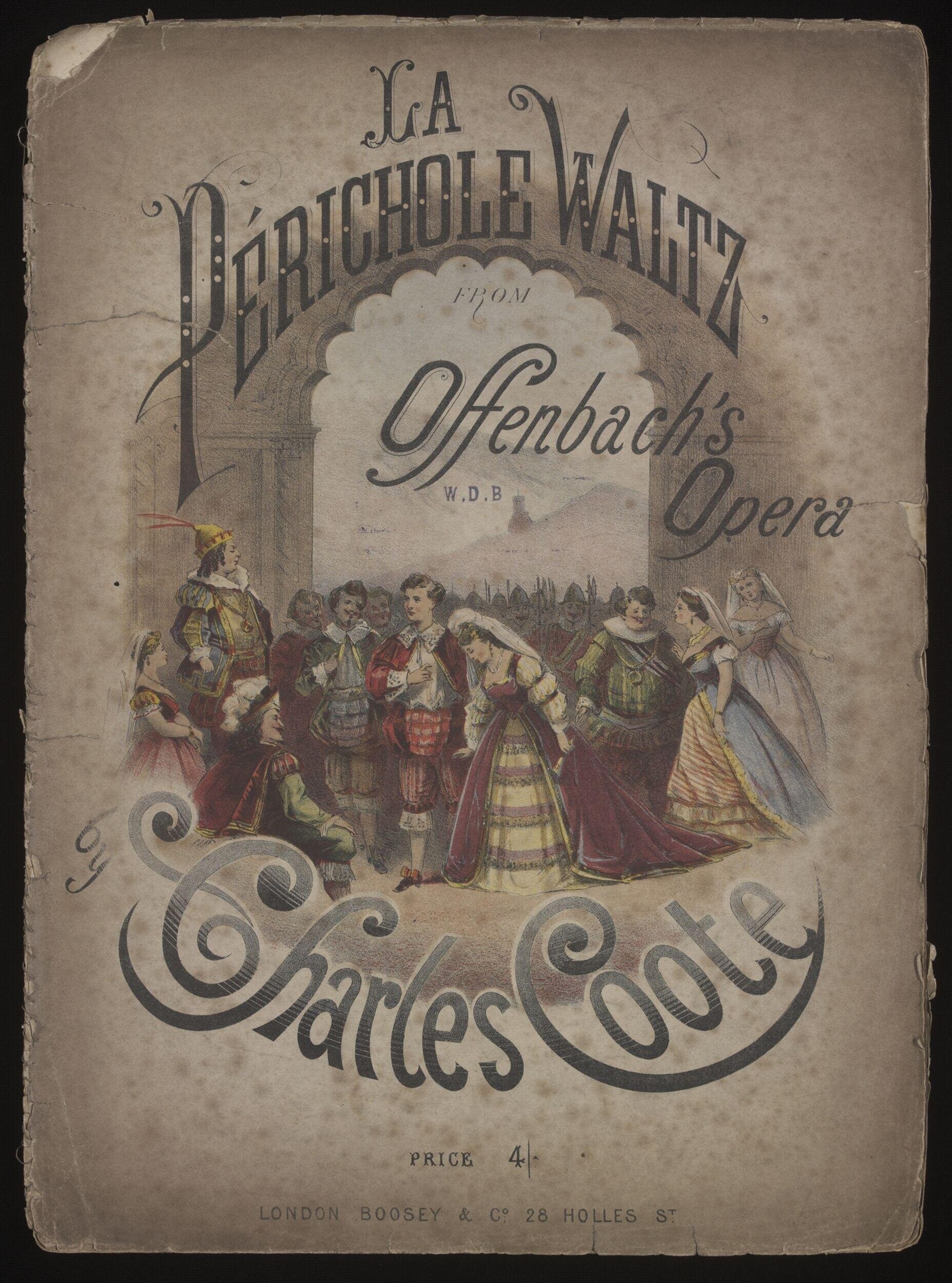Colored lithograph cover of a vocal score: theatrical figures in 19th-century Peruvian colonial costume arranged beneath an archway.