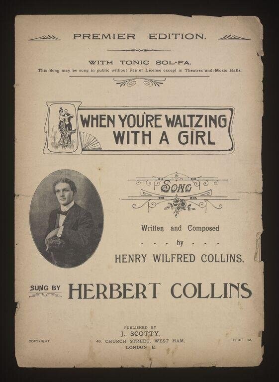 Cover of a song sheet showing a silhouette of a couple in a closed ballroom waltz position, with a halftone portrait of a young man in formal dress below.