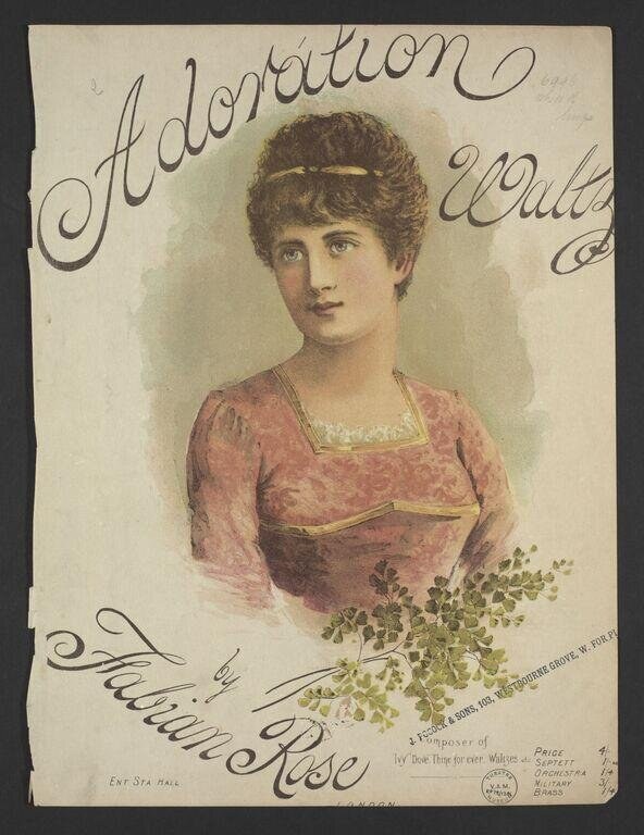 Young woman in rose-pink dress holding fern spray, sheet music cover titled Adoration Waltz by Fabian Rose