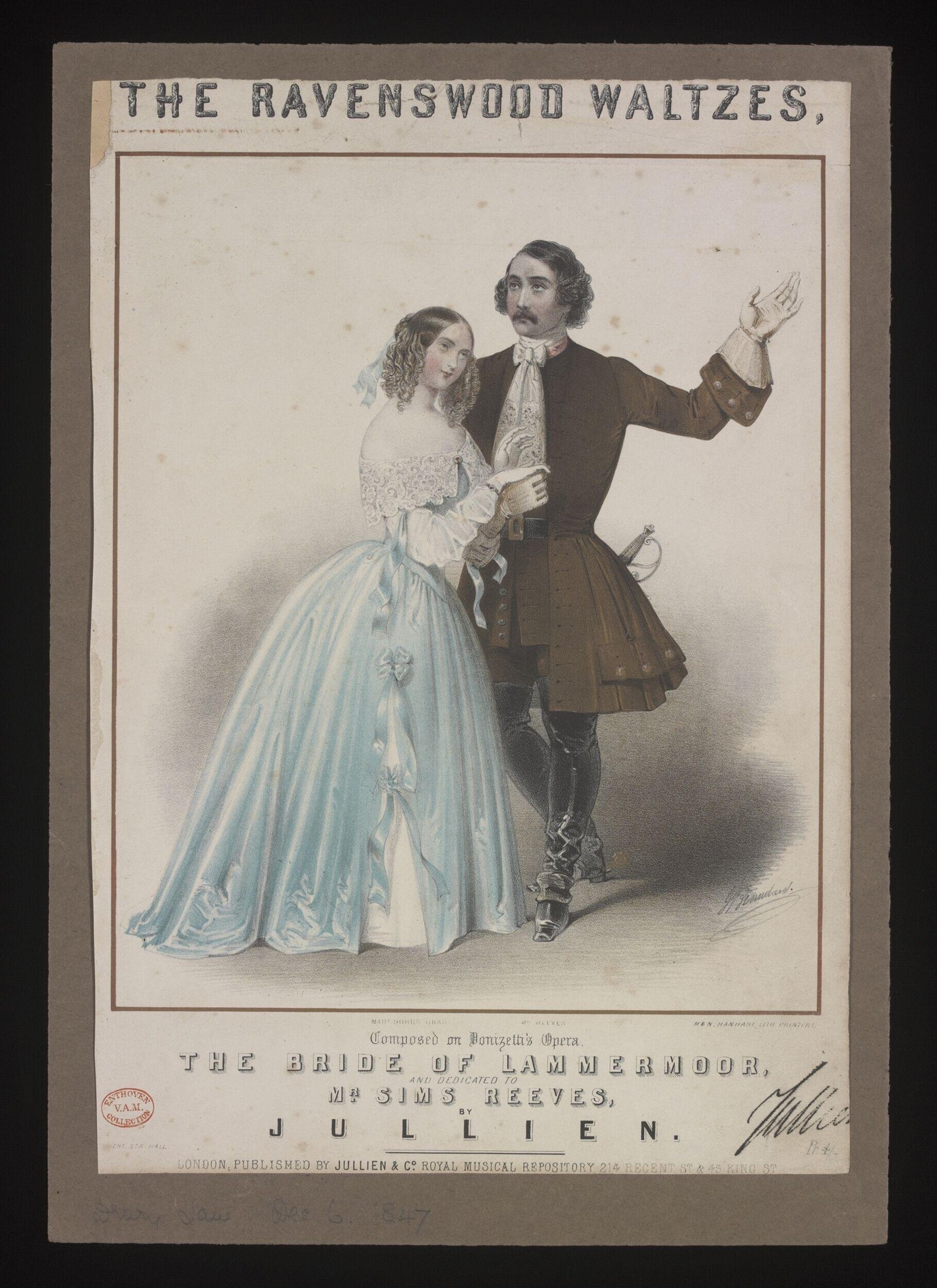 Colored lithograph of a man and woman in formal 1840s dress standing together in ballroom pose, from a waltz sheet music cover.
