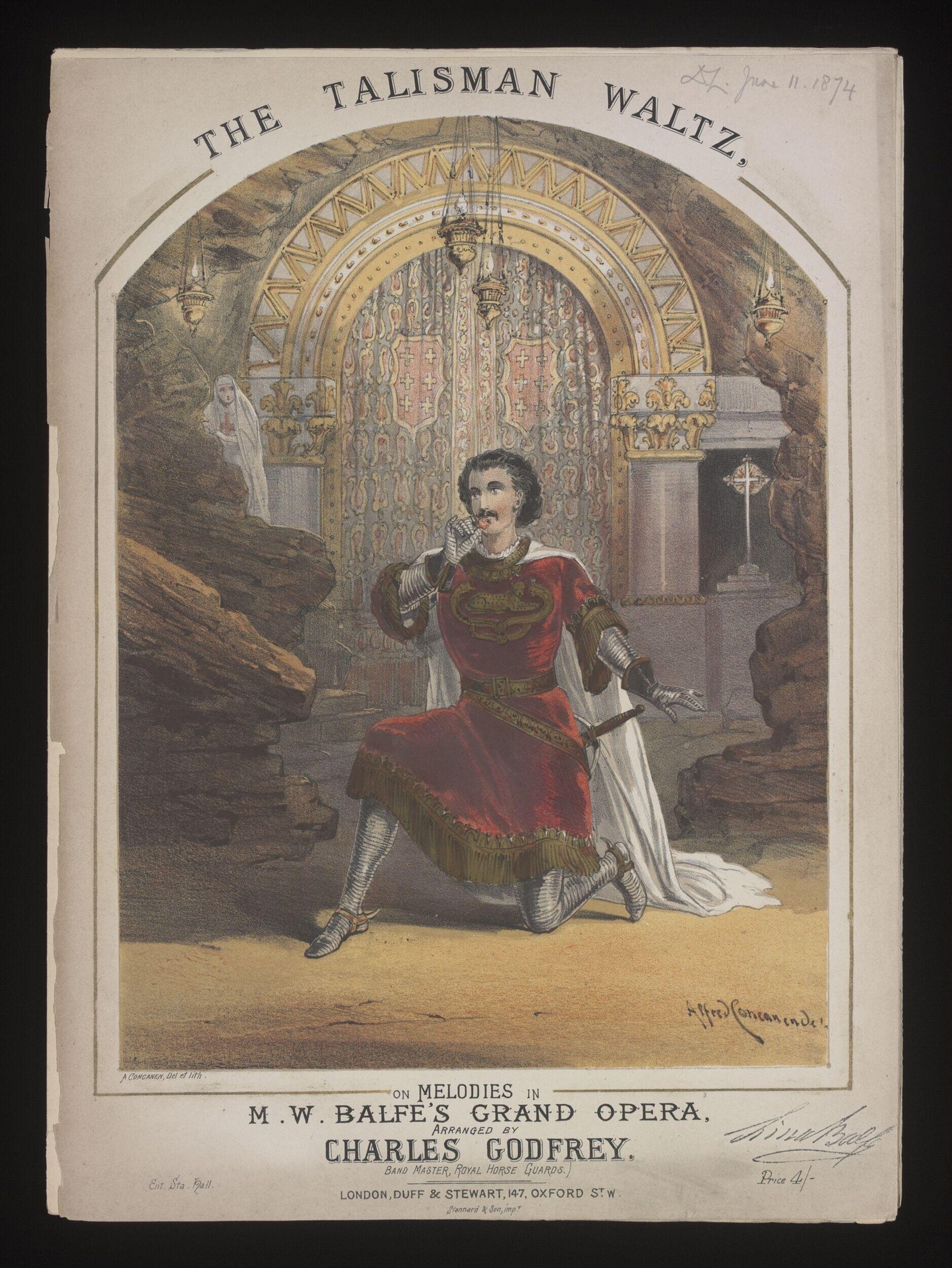 Hand-colored lithograph of a kneeling man in military dress before an ornate archway, with a ghostly woman and cross visible in the background.