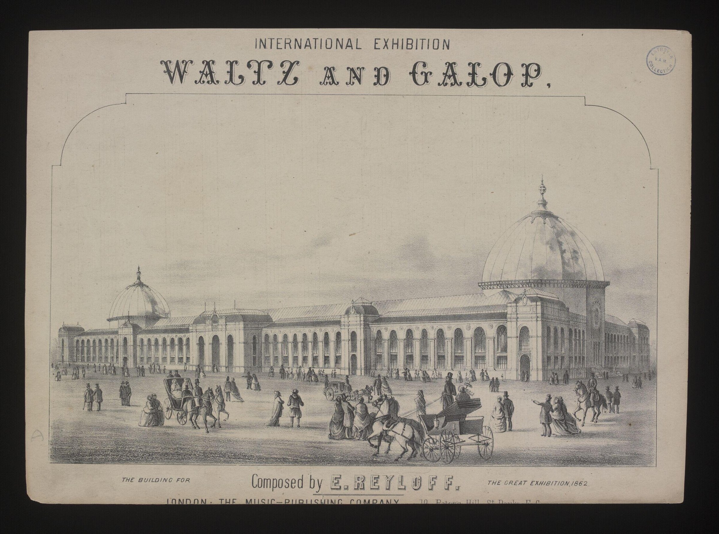 Engraved title page for sheet music showing a grand neoclassical exhibition building with crowds in Victorian dress in the plaza below.
