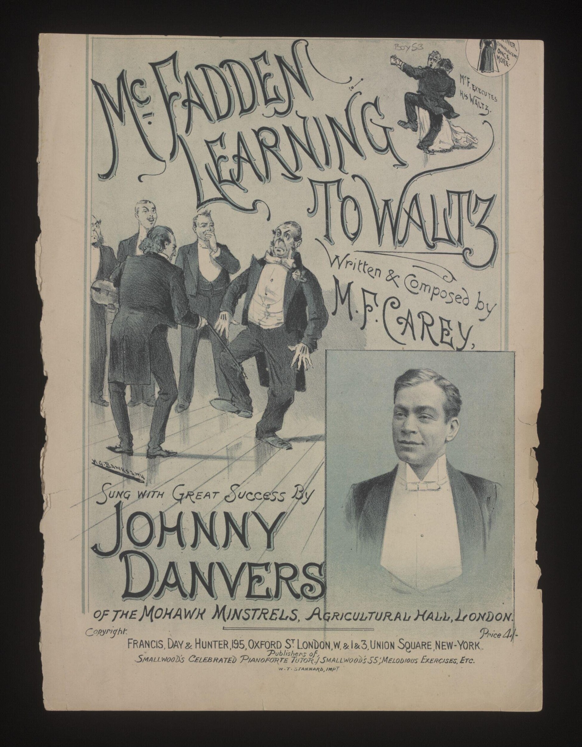Sheet music cover showing a stout man in formal dress, arms raised awkwardly, learning to waltz while others watch, surrounded by ballroom dancers and