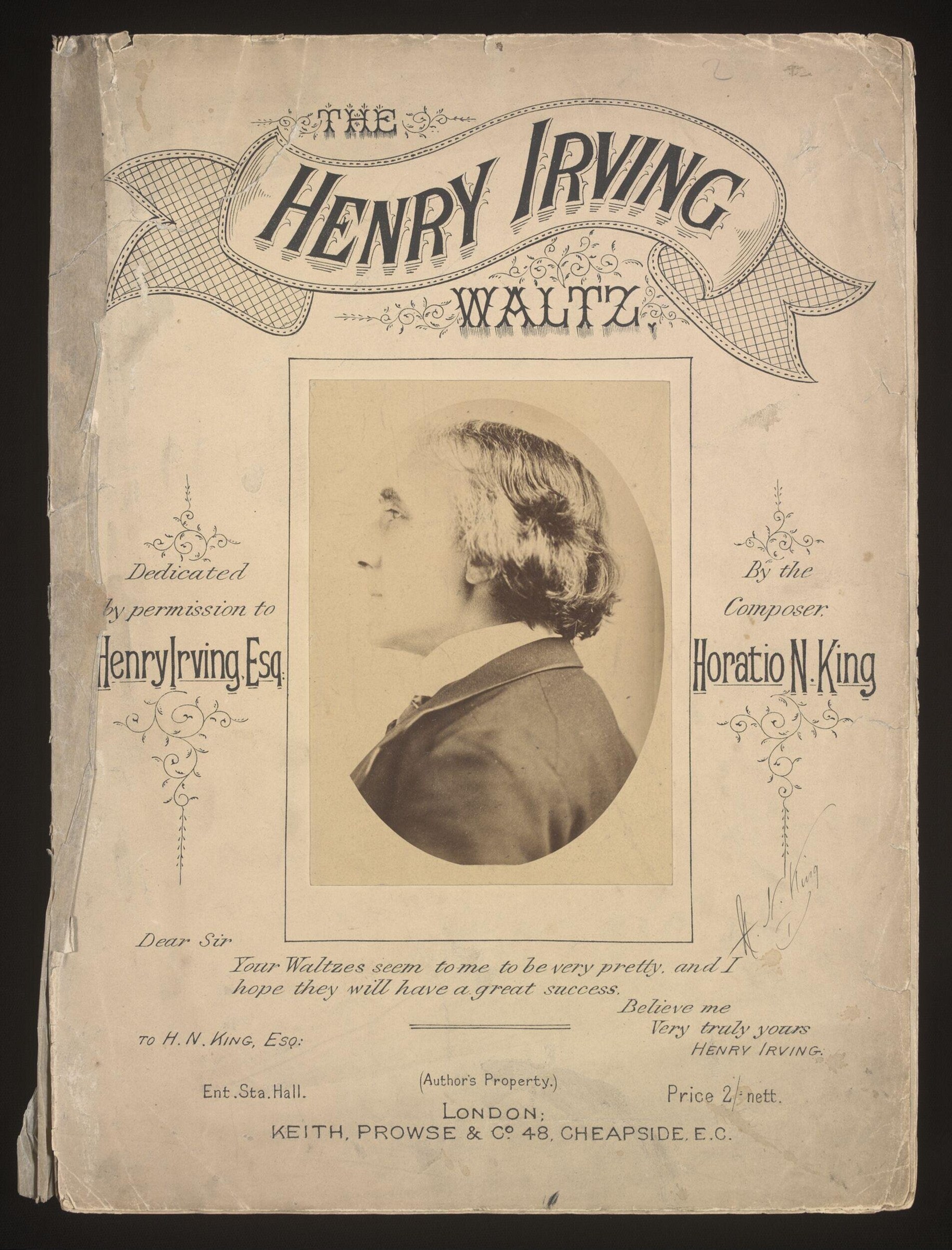 Printed sheet music cover for "The Henry Irving Waltz" by Horatio N. King, featuring a sepia-toned oval portrait of a man in profile.