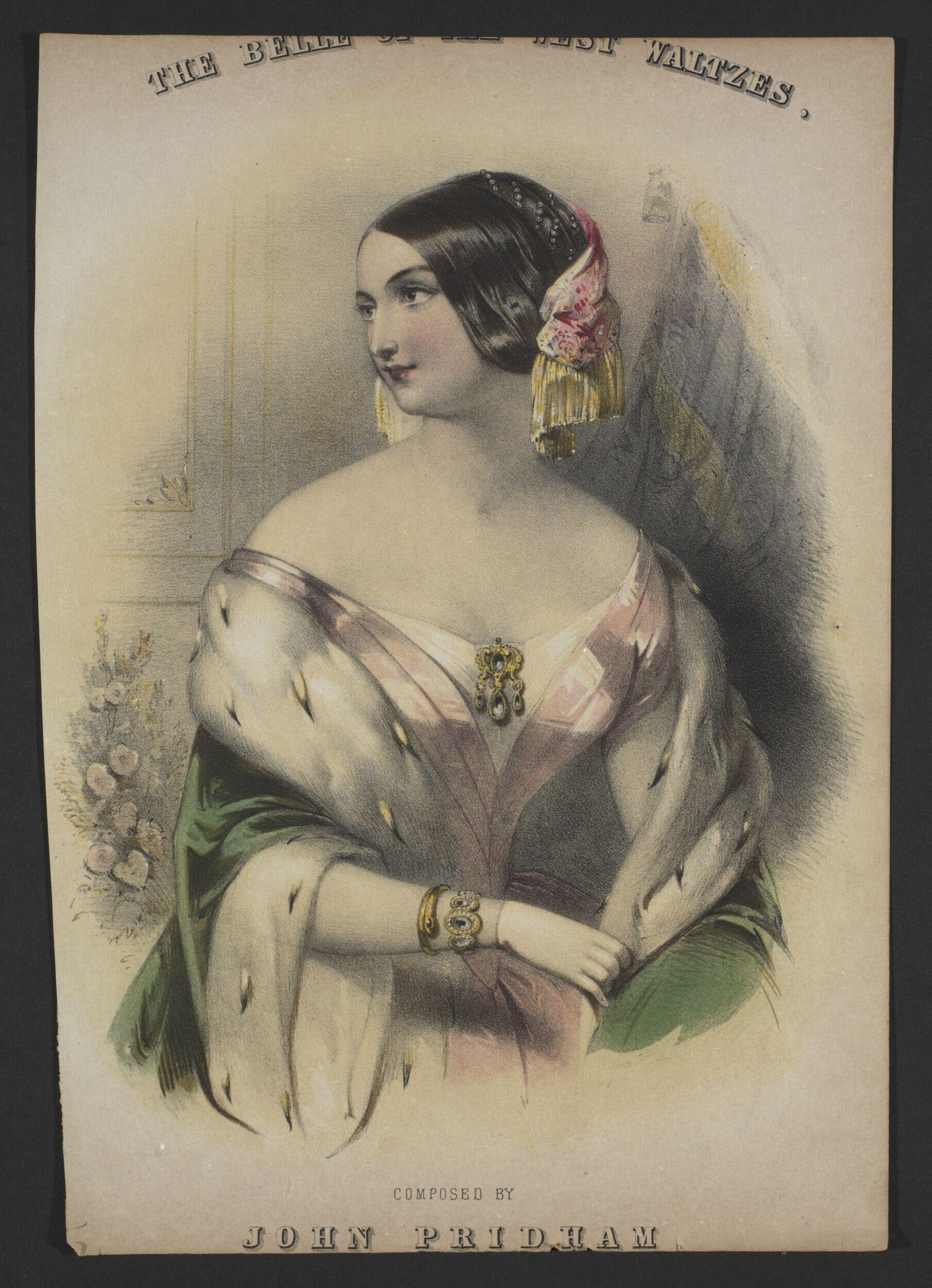 Hand-coloured lithograph of a young woman in a pale pink ball gown with fur stole and gold-tasselled headdress, standing in ballroom pose.