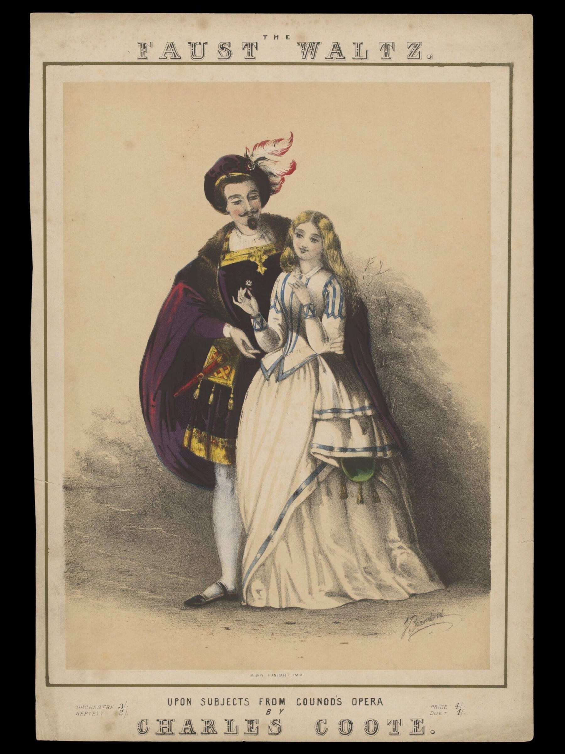 A man in a crimson-caped Hussar military coat leans toward a woman in a white gown with blue ribbons, gazing at each other in an operatic courtship pose.