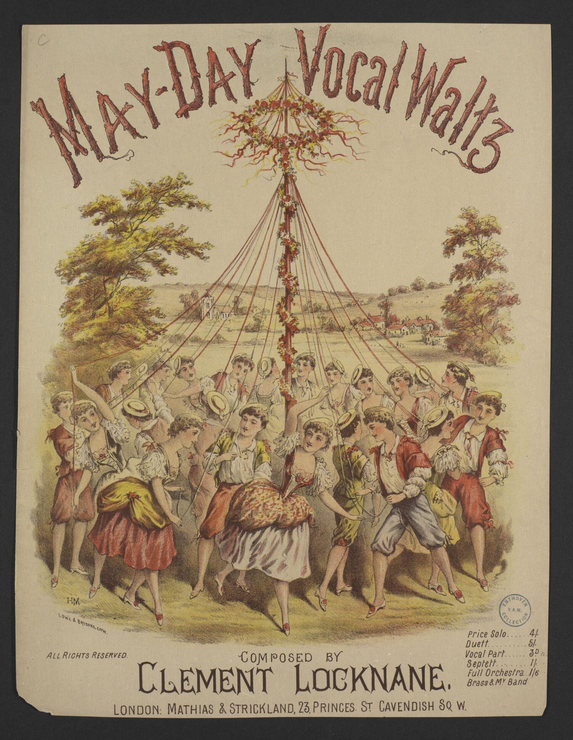 Colored lithograph of roughly twenty dancers in Victorian dress circling a tall decorated maypole with radiating ropes in a rural English landscape.
