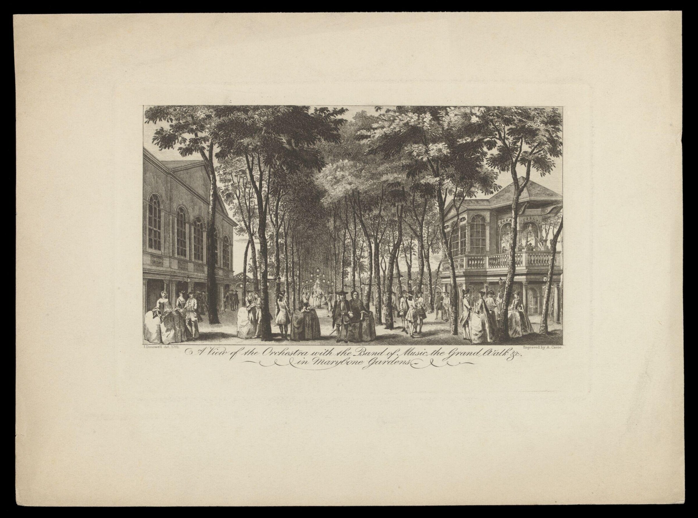 Engraving of an 18th-century outdoor concert in a tree-lined courtyard flanked by ornate buildings, with formally dressed attendees and an orchestra.