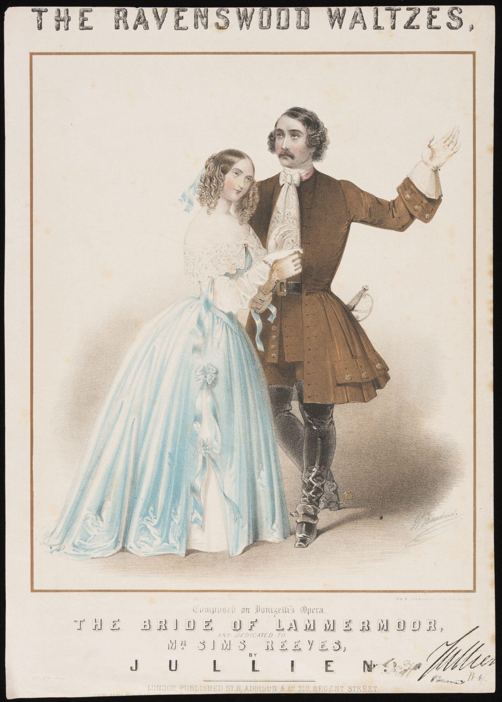 A hand-colored engraving of a man and woman in ballroom dress standing in waltz position, the man with arm extended and the woman in an elaborate white gown