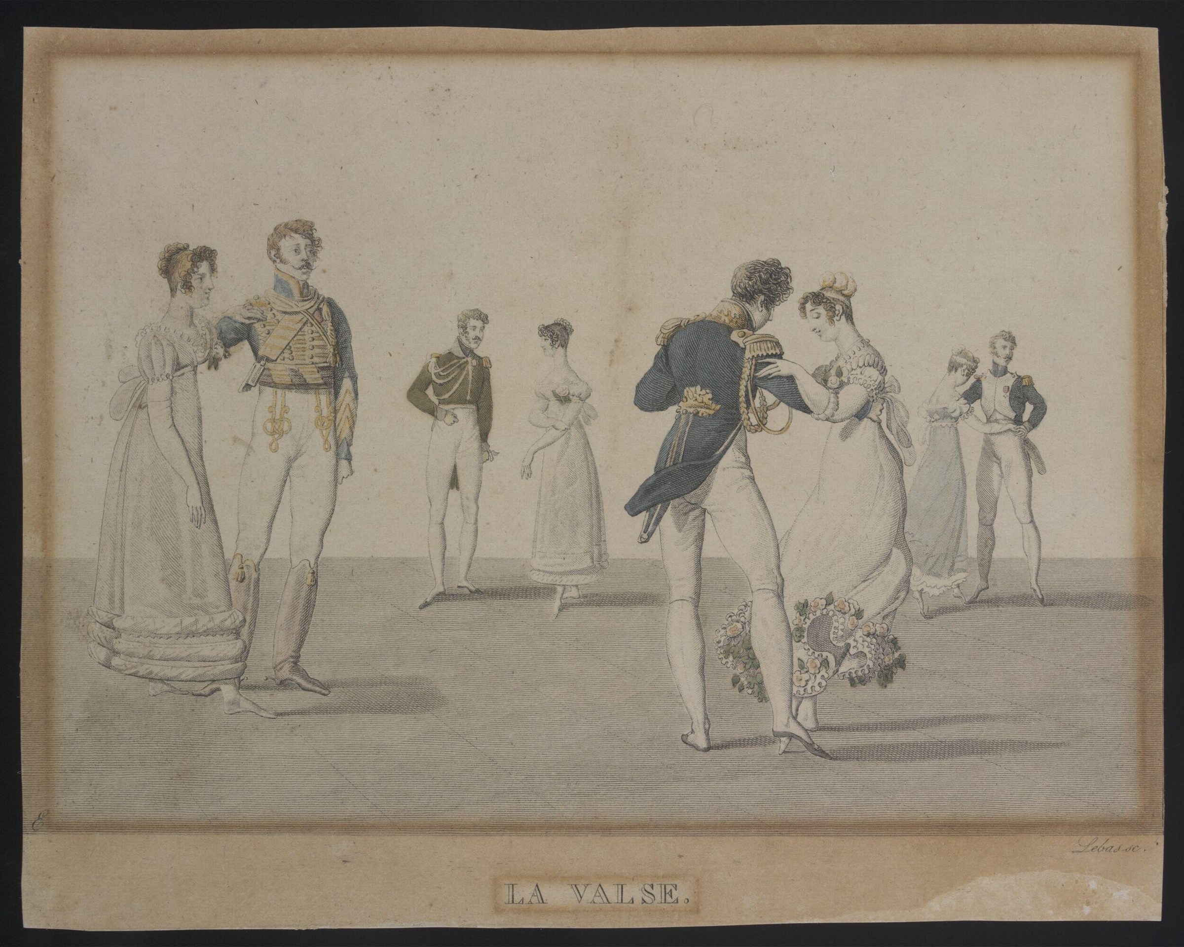 Eight figures in formal dress in a ballroom. A man in military uniform bows to a woman in a white gown; other couples stand or prepare to dance.