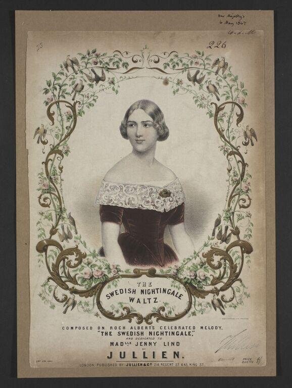 Portrait of Jenny Lind in an ornamental frame, centered on the cover of a waltz sheet music composition.