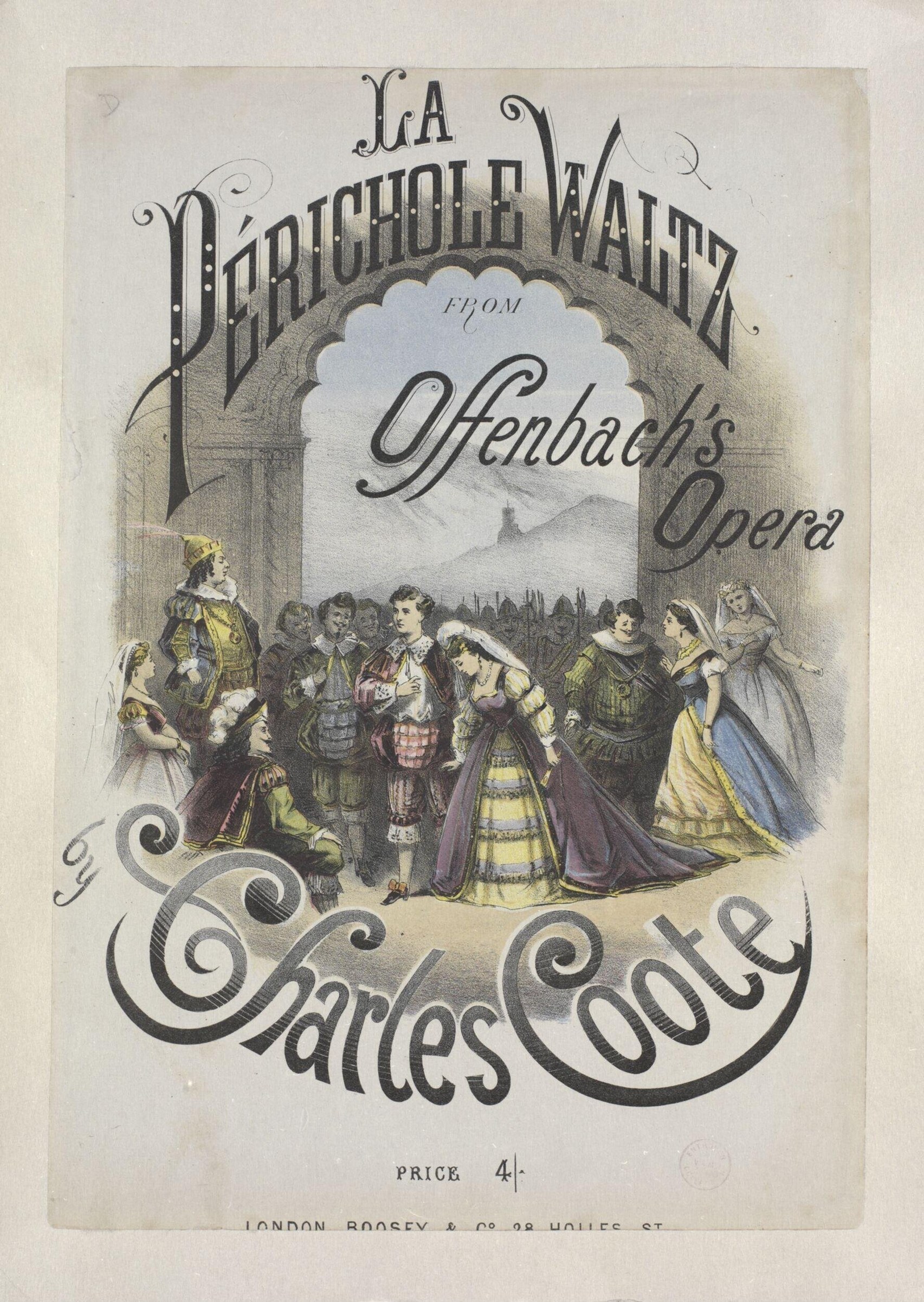 Colour print title page for waltz based on Offenbach's opera, showing costumed operatic figures in elaborate period dress posed before a distant cityscape.