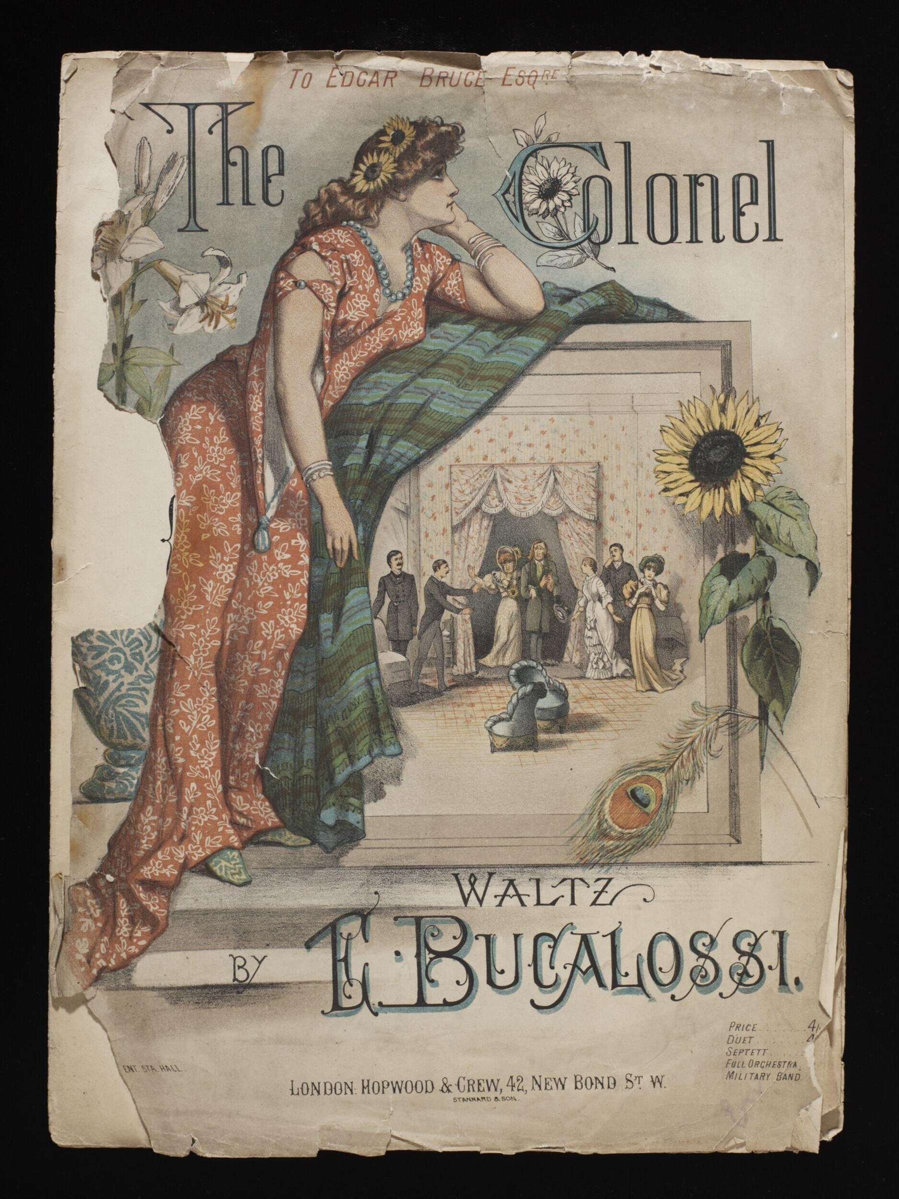 Victorian sheet music cover showing a reclining woman in an ornate rust-red dress gazing down at a tiny ballroom dance scene below.