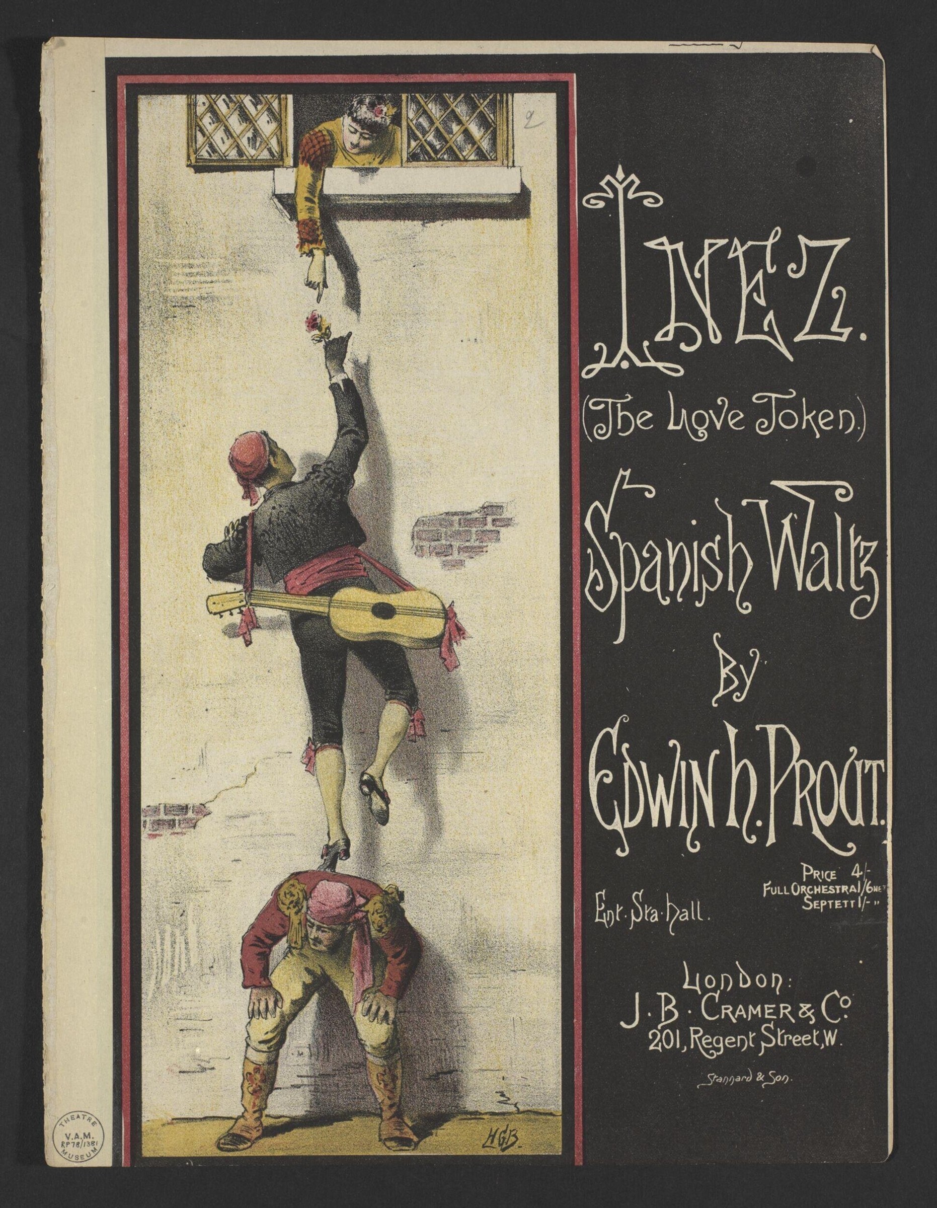 Coloured lithograph: a man with a guitar serenades a woman at a high window in a Spanish street at night, passing her a flower.