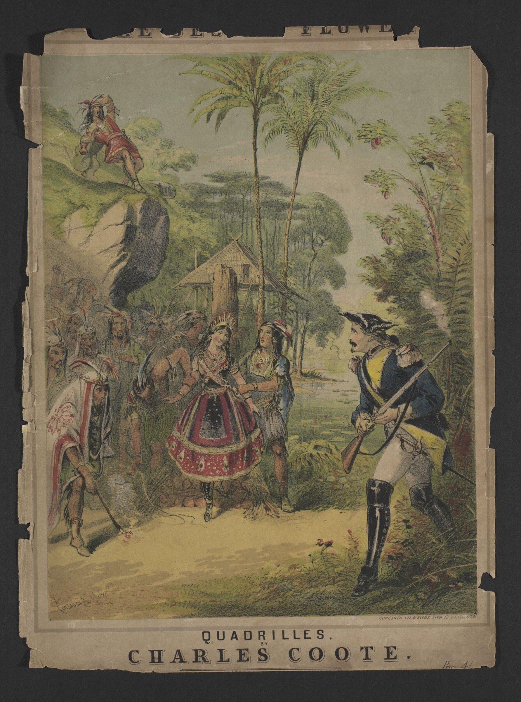 A European military officer gestures toward a group of Indigenous people in tropical dress beside a palm-thatched dwelling.