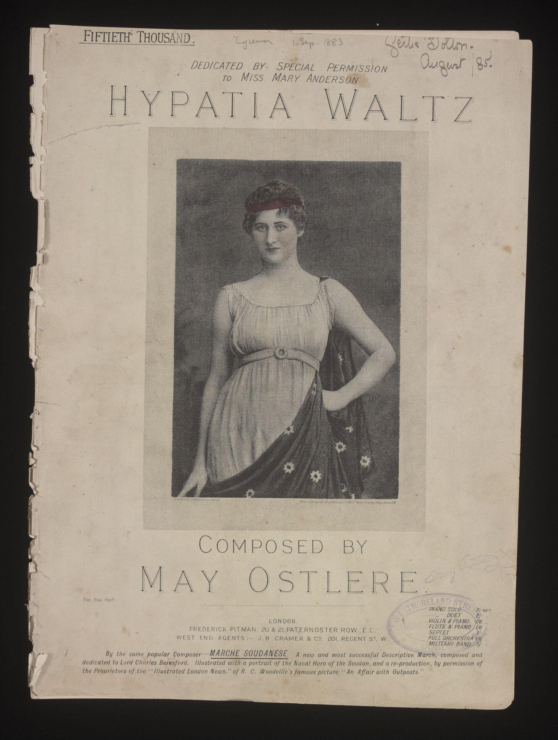 Sheet music cover: woman in Greco-Roman draped dress and bound hair, standing quietly with dark fabric draped from one shoulder.