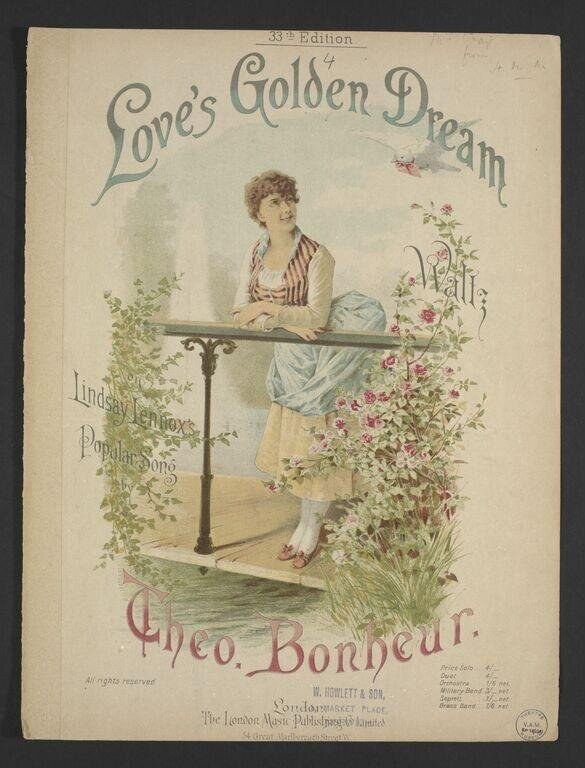 A woman in striped bodice and long skirt stands alone at a small table in a garden, gazing downward in a reverie.