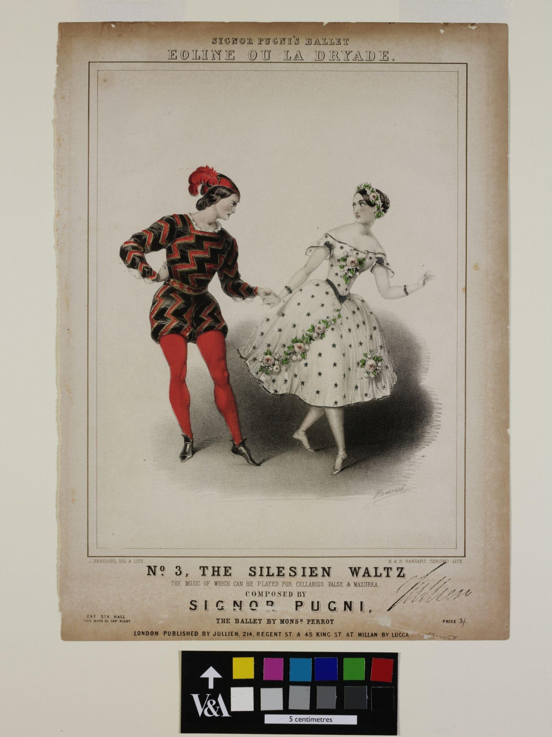 Two dancers in a studio: left figure in red and black zigzag tunic with feathered headdress; right figure in white star-patterned gown with flower crown