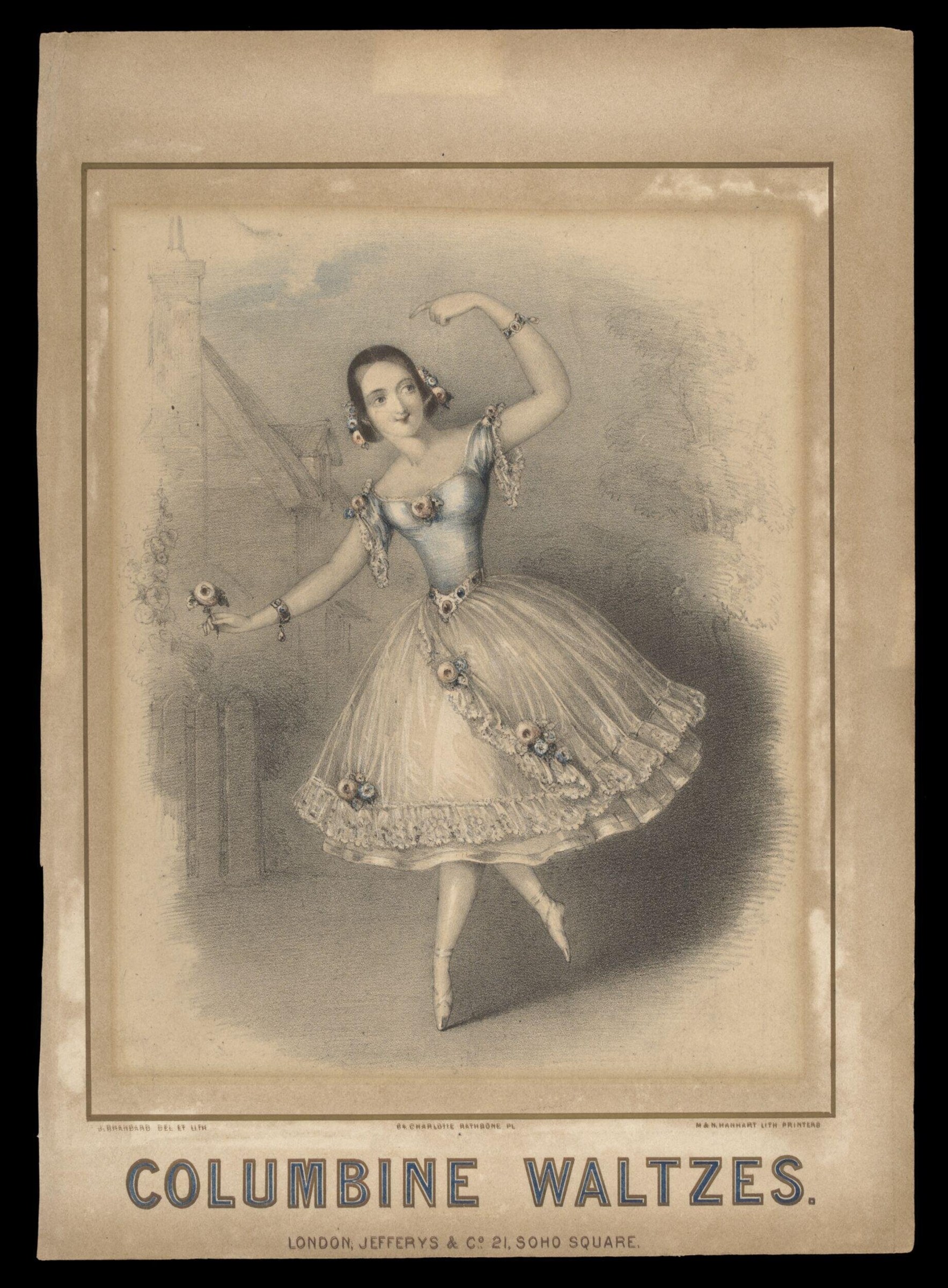 A young woman in a Romantic-era ballet costume with tulle skirt and floral garland dances alone in a graceful pose against a hazy architectural background.