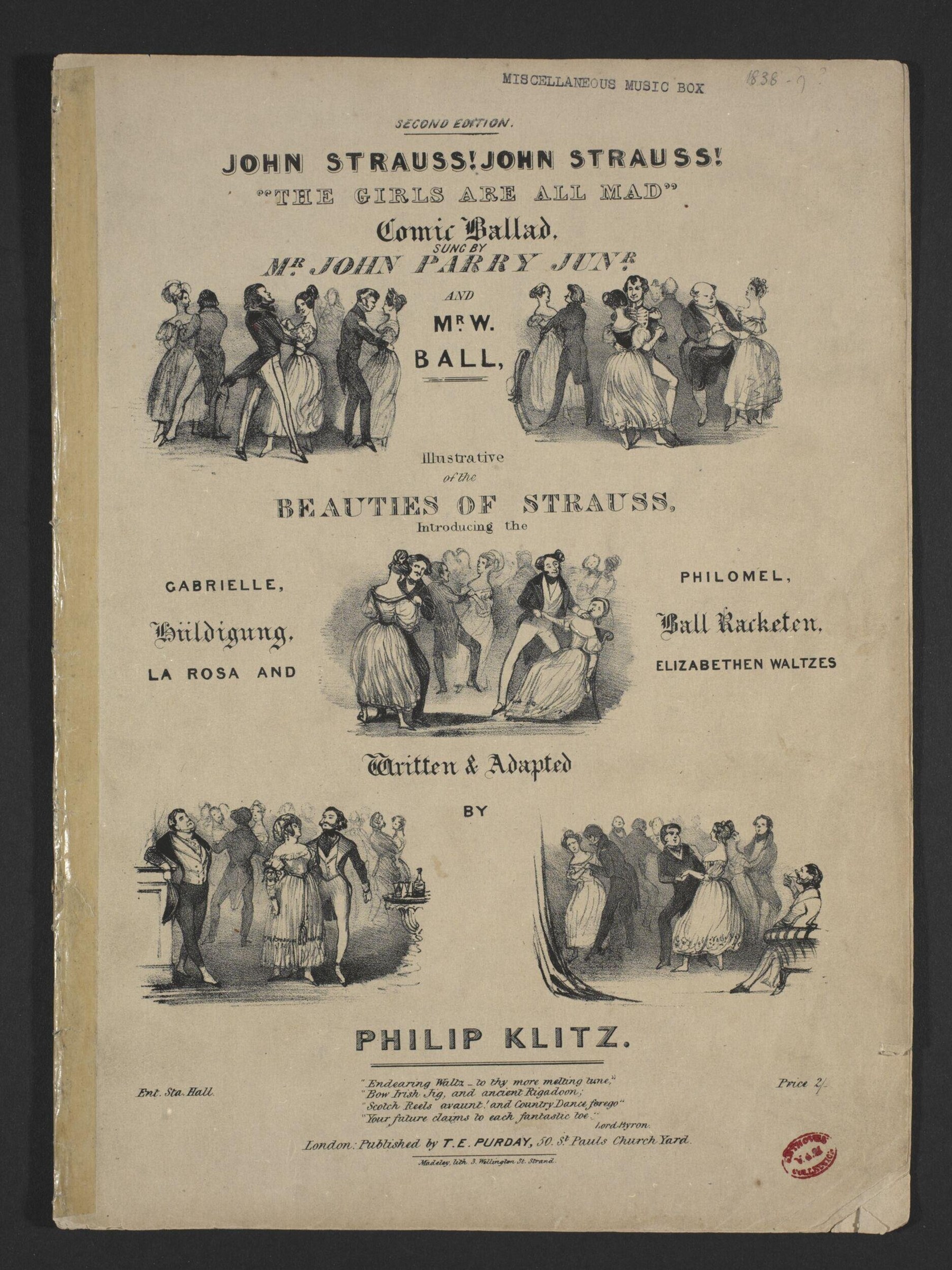 Sheet music cover showing multiple engraved vignettes of couples in 1850s dress dancing the waltz in pairs, with spirited expressions and full skirts.