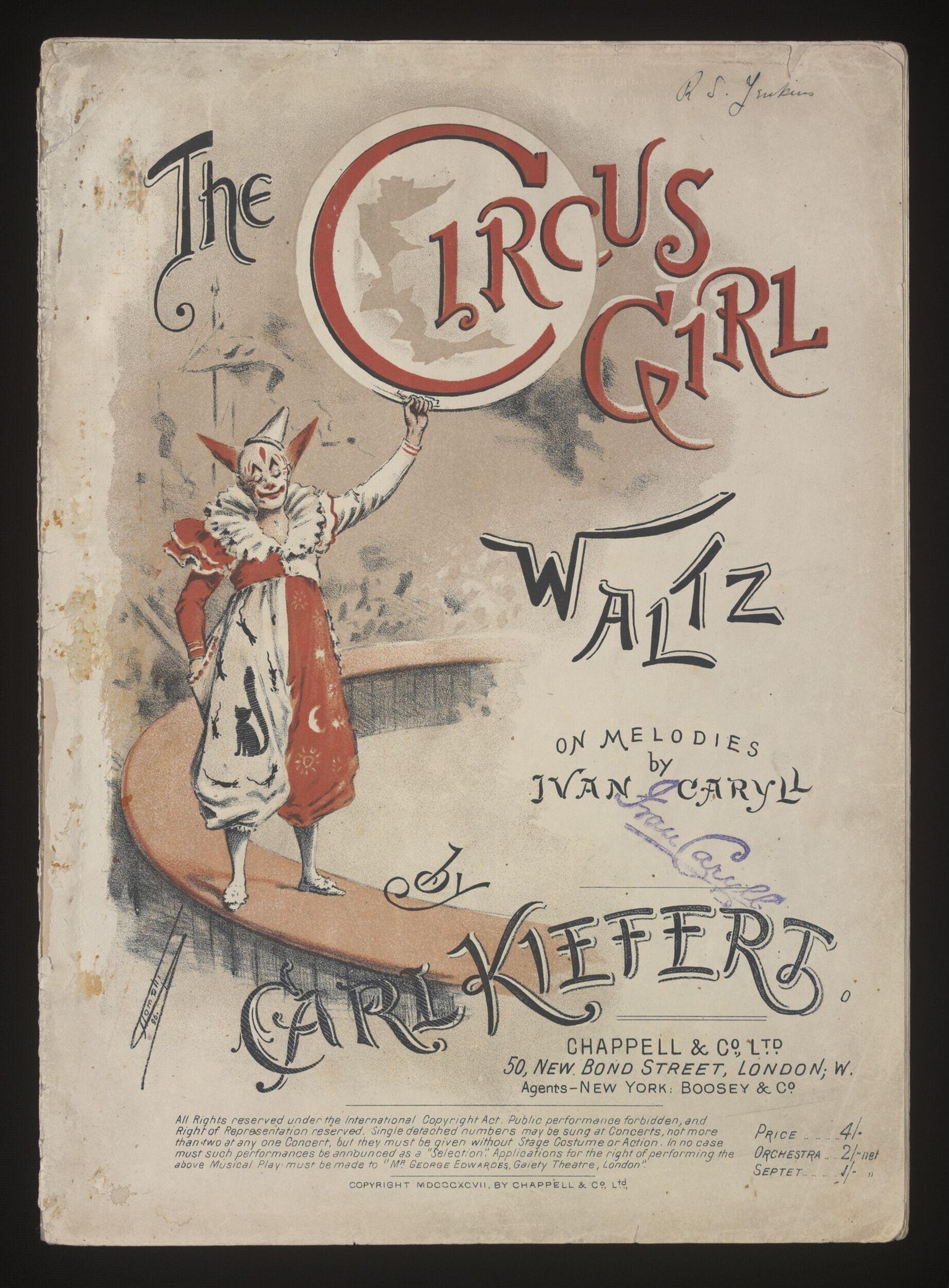 Sheet music cover showing a clown in white and red costume leaping with one arm raised, holding aloft a large red ring printed with the title 'The Circus Girl