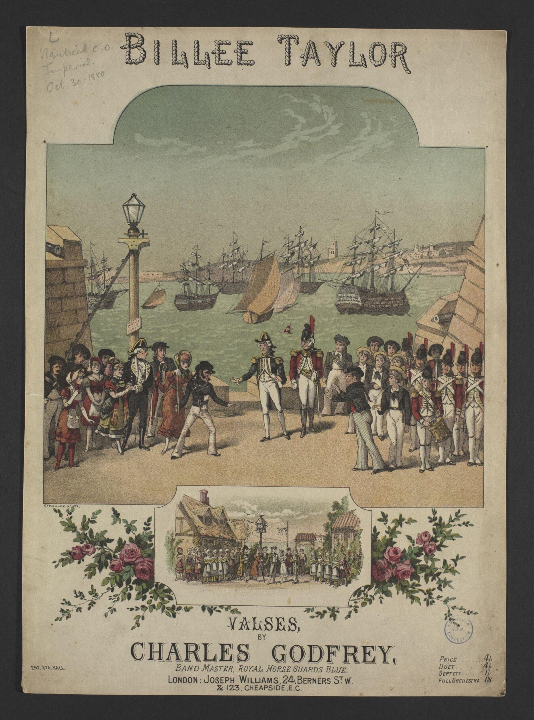 Hand-colored engraving of a crowded naval harbor with tall ships and Regency-era figures in formal dress gathered on the shore.