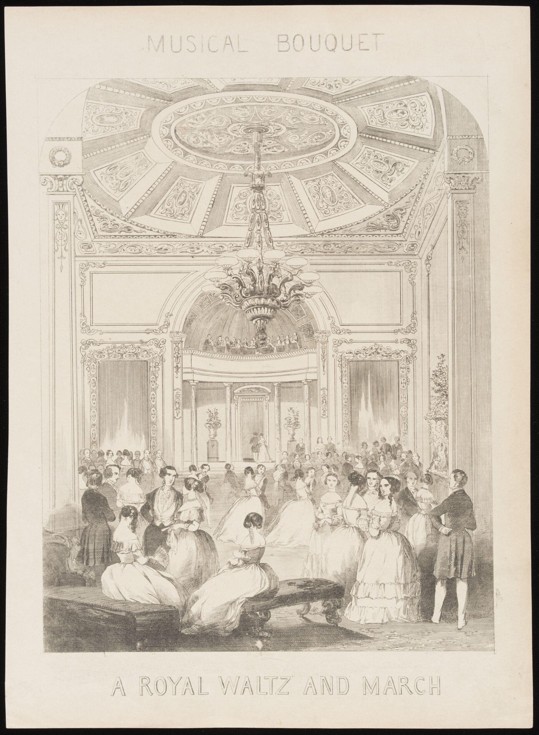 A grand neoclassical ballroom with couples waltzing in formal dress; women in white gowns, men in dark coats, watched by spectators.