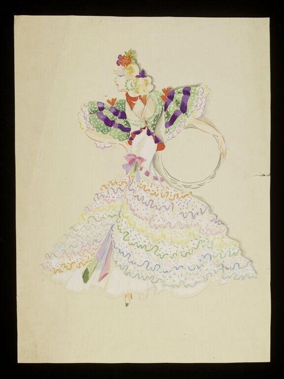 Costume design drawing of an elegantly posed female figure in a voluminous ruffled gown with floral bodice embellishments, holding a circular prop.