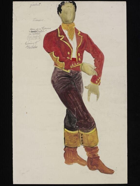 Watercolor costume design showing a figure in a red velvet military jacket with gold trim and burgundy breeches, 1943.
