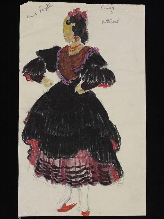 Watercolor costume design for a theatrical dancer, showing a woman in a black pleated skirt with pink underskirt, red bodice, and enormous black puffed sleeves.