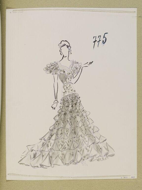 Fashion design sketch of a woman in an animated pose wearing a geometric-skirted evening gown, pencil on paper, 1939.