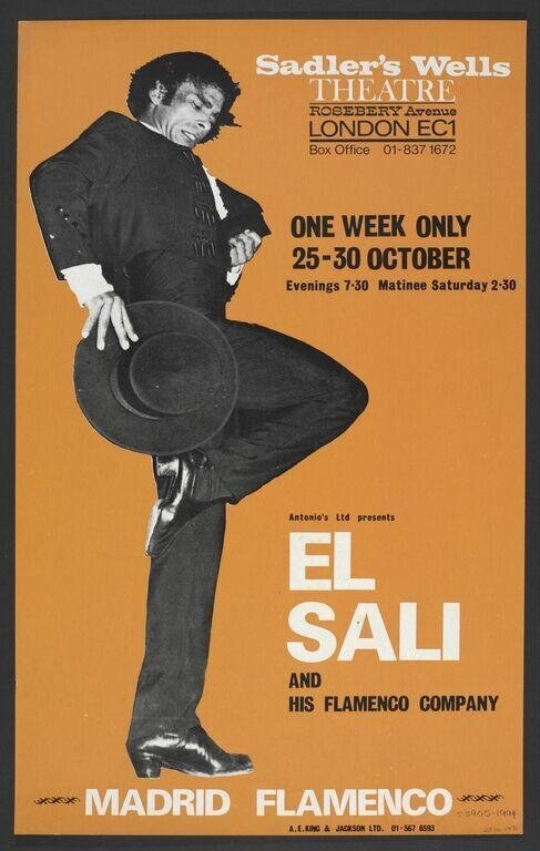 Male flamenco dancer in dark jacket and hat, mid-movement, on orange poster advertising Madrid Flamenco at Sadler's Wells, October 1971