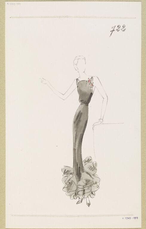 Fashion design sketch of a woman in a fitted dark gown with voluminous ruffled skirt, dated Summer 1937.
