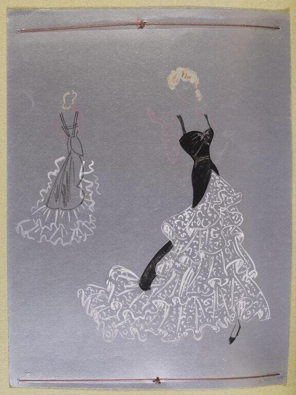 Two fashion design sketches of evening dresses on grey paper: upper figure outlined with ruffled skirt; lower figure in black with densely patterned skirt.