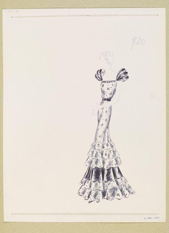 Fashion illustration of a woman in balletic pose wearing a fitted bodice and dramatically tiered evening skirt, 1937.