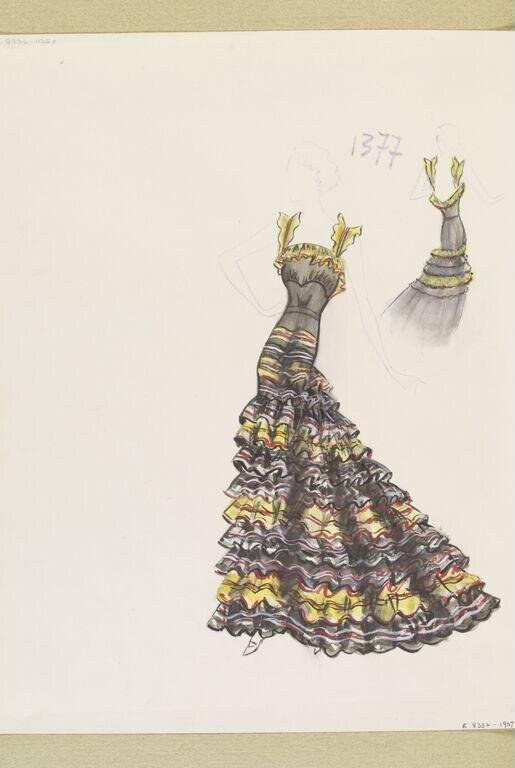 Fashion design sketch of a woman in a tiered ball gown with alternating plum and gold stripes, arms raised in an expressive gesture.