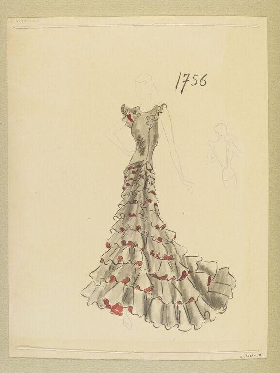 Fashion design sketch for an evening gown with tiered ruffles trimmed in red ribbon, rendered in pencil and color on paper.