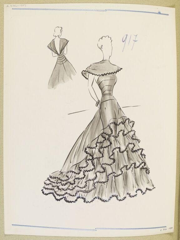 Two fashion design sketches in pencil: a back view of a fitted jacket dress, and a rear view of an elaborate tiered evening gown.