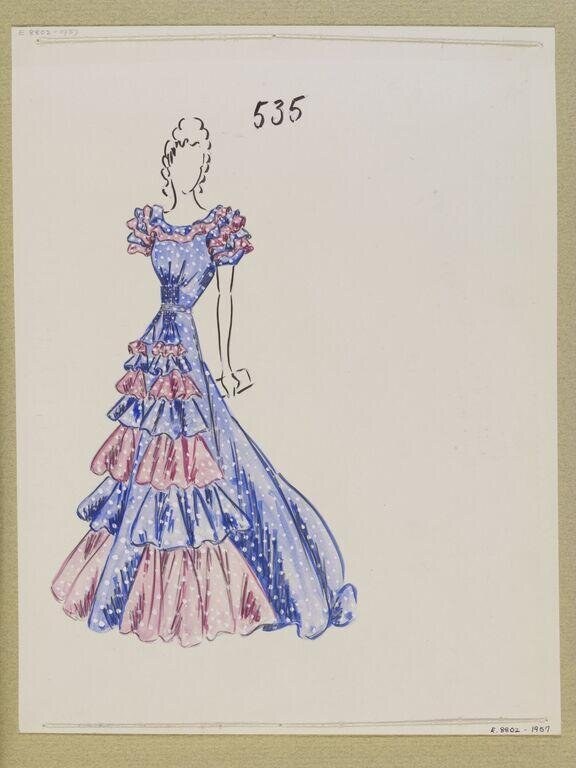 Fashion design sketch of a tiered evening gown in blue and rose, with short puffed sleeves and fitted bodice, 1939.