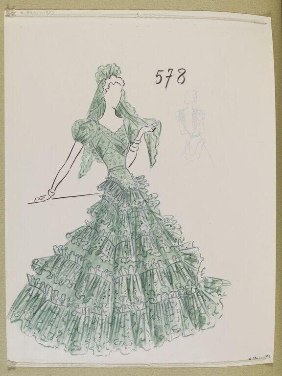 Fashion design sketch of an elaborate 1930s evening gown with fitted bodice and deeply pleated, voluminous skirt, rendered in green ink.