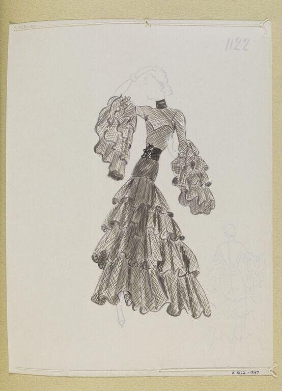Fashion design sketch in ink showing a woman's winter ensemble with a patterned bodice, wide ruffled sleeves, and a deeply pleated skirt.