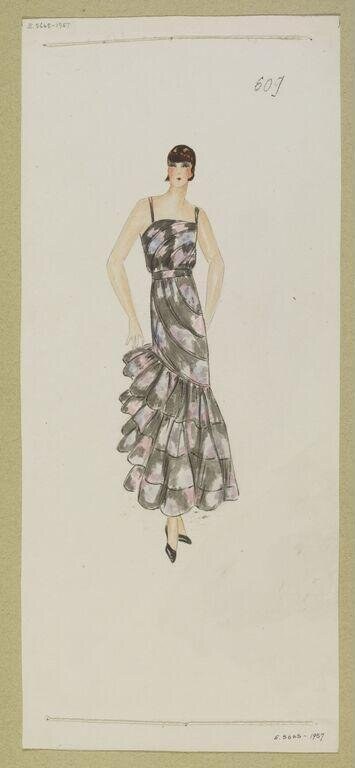 Fashion design sketch of a woman in a sleeveless evening dress with tiered, spiral-ruffled skirt, 1930s style.