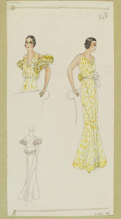 Three fashion design sketches of yellow evening gowns with geometric patterns, shown in front, profile, and line-drawing views.