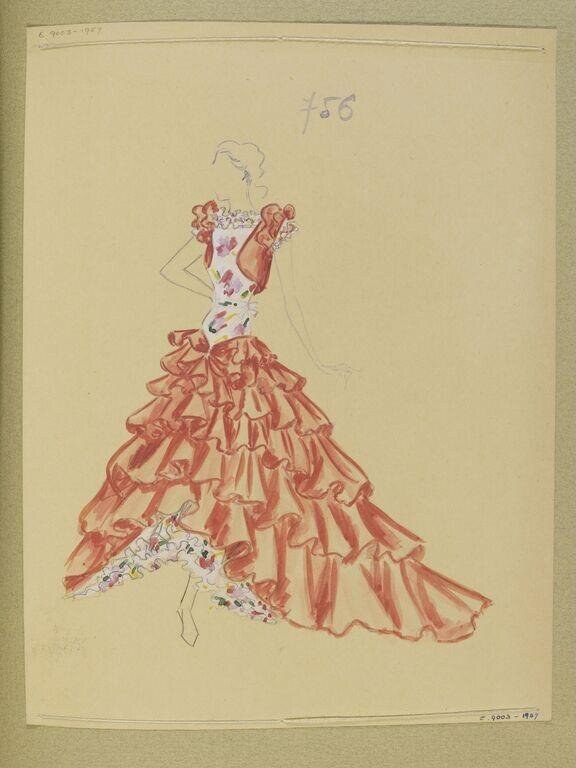 Fashion design drawing of a woman in a corseted white bodice and voluminous coral ruffled skirt, 1939.