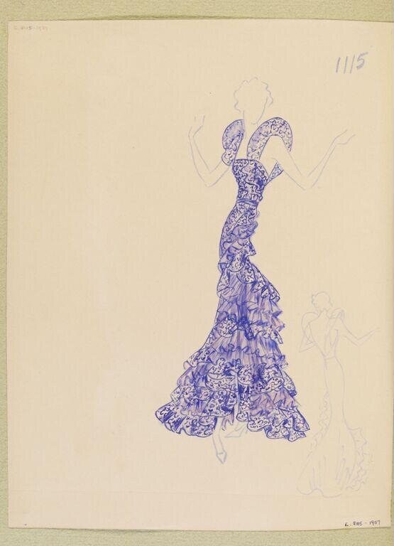 Fashion design sketch in blue ink showing a tall figure in a fitted patterned bodice and voluminous decorated skirt, arms raised.